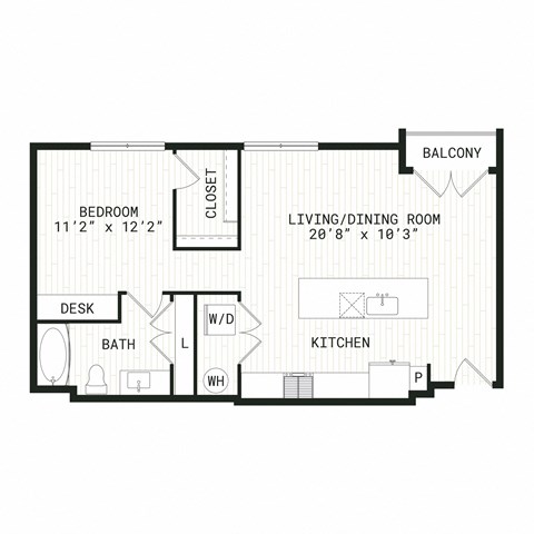 Floor plan for studio, 1 bath, 733 sqft